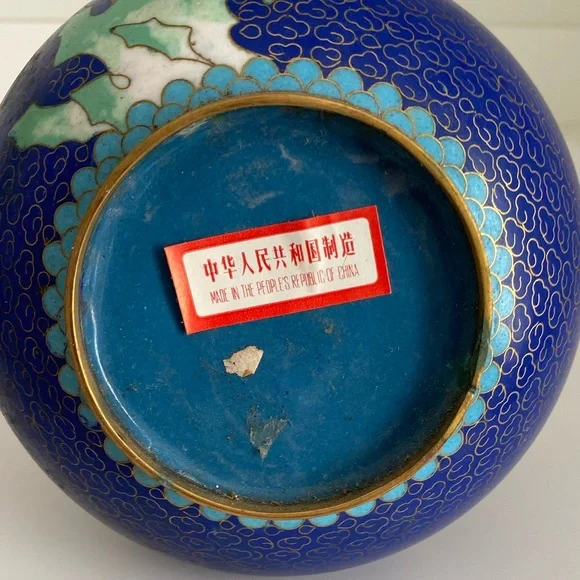 Pair of Vintage Matching Blue Chinese Cloisonné Brass Vases - Picture 5 of 12